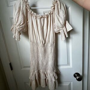 Petal & Pup Cream Tan Puff Sleeve Mini Dress